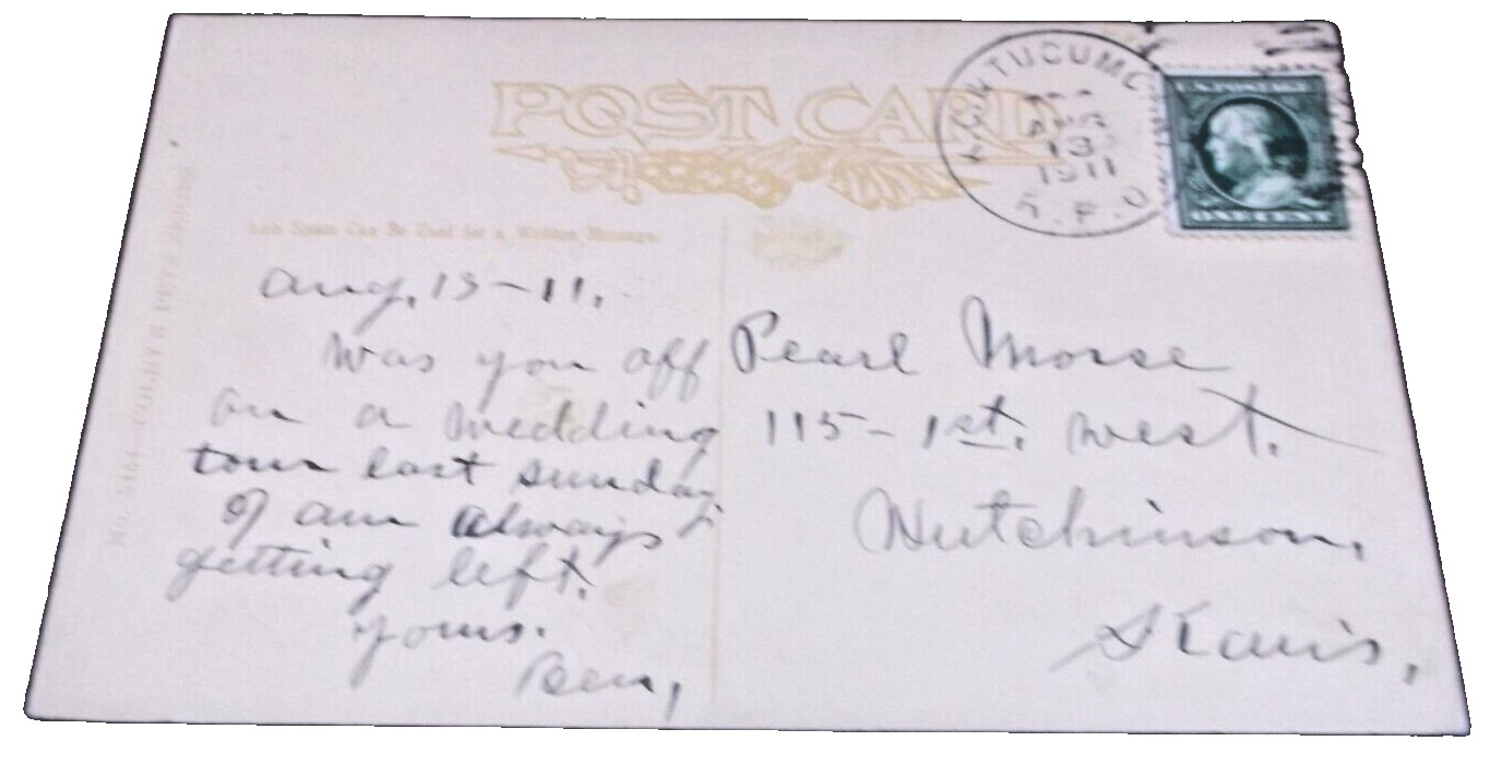 AUGUST 1911 ROCK ISLAND CRI&P KC & TUCUMCARI TRAIN #2 RPO HANDLED POST CARD