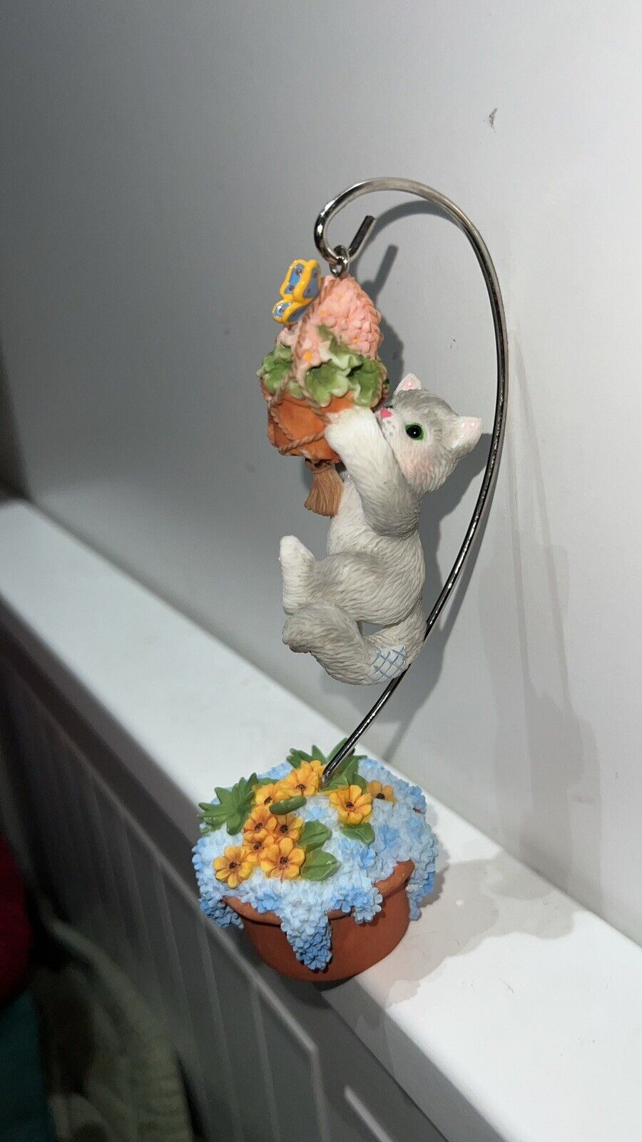 Grey Tabby Swinging On Flower Basket.  Cat Figurine Room Decor  “Dare To Dream”