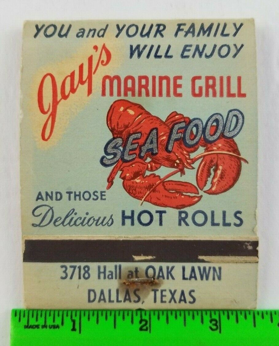 Vintage Jay\'s Marine Grill Seafood Dallas Texas Giant Feature Matchbook