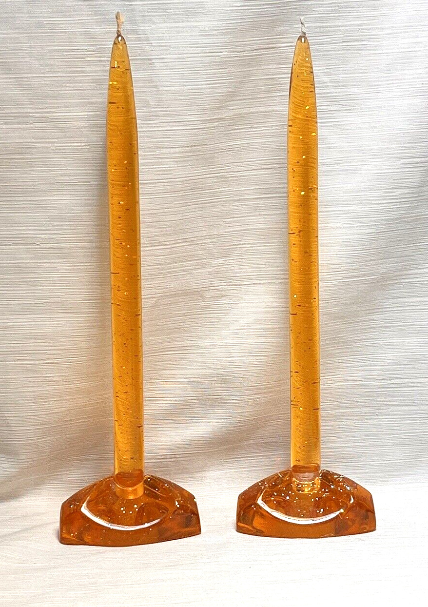 2 Vintage Orange Amber Lucite Candles w/ Holders Acrylic MCM Silver Flake Modern