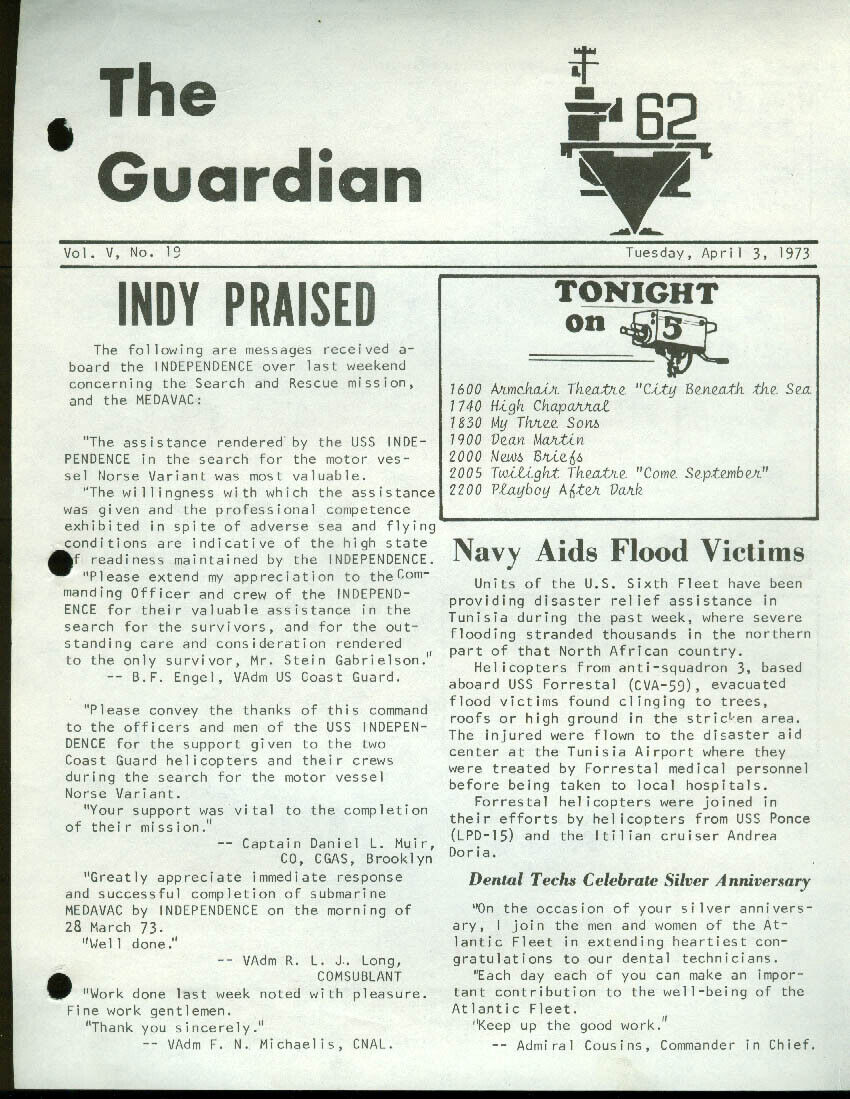 USS Independence CV-62 GUARDIAN Newspaper 4/3 1973 Norse Variant rescue praised