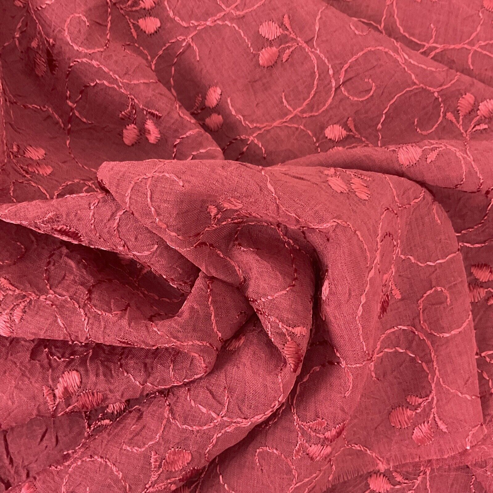 Vintage red crepe embroidered semi sheer abstract cherry fabric 4 yds