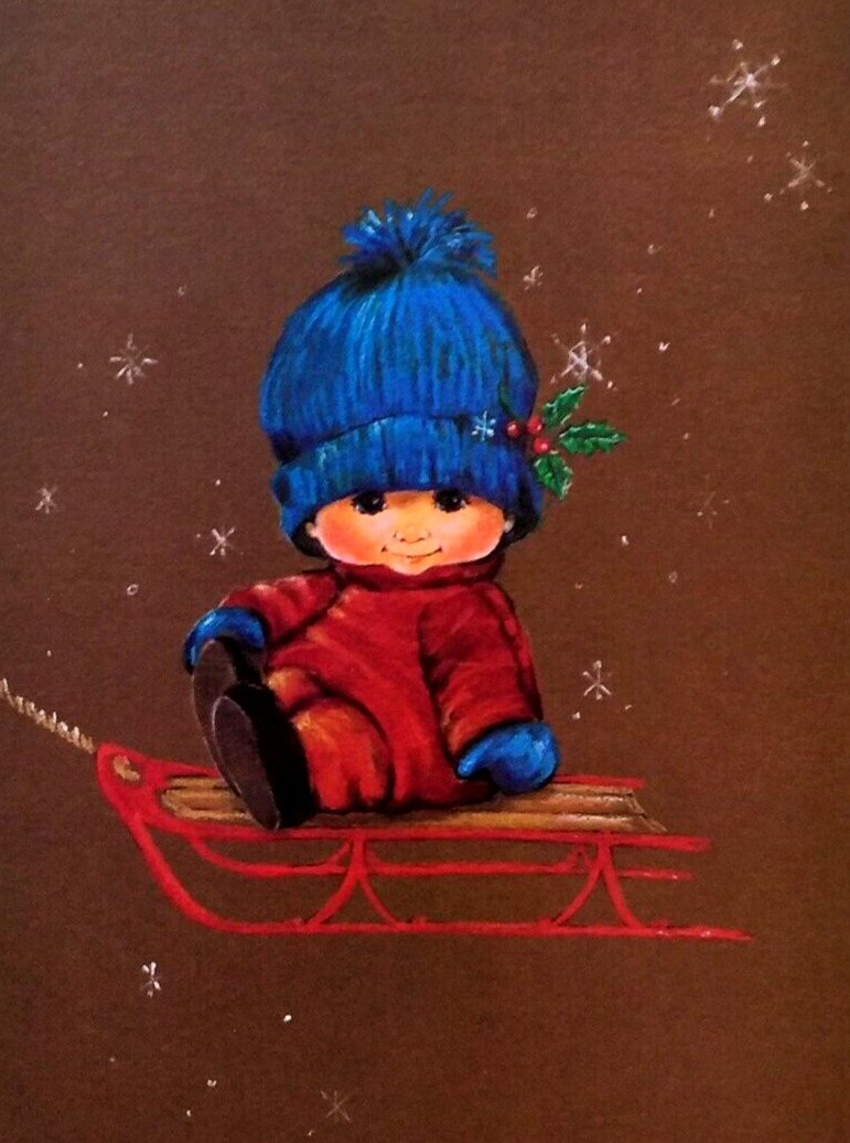 Unused Vintage CHILD SLED Sledding CHRISTMAS Greeting Card Hallmark Toddler
