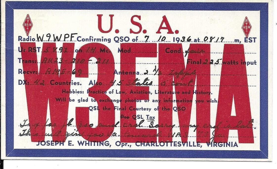 QSL  1936 Charlottesville Virginia   radio card