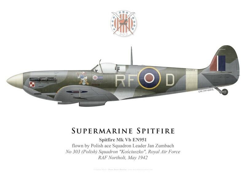 Print Spitfire Mk Vb, S/L Jan Zumbach, No. 303 Squadron RAF, 1942 (by G. Marie)