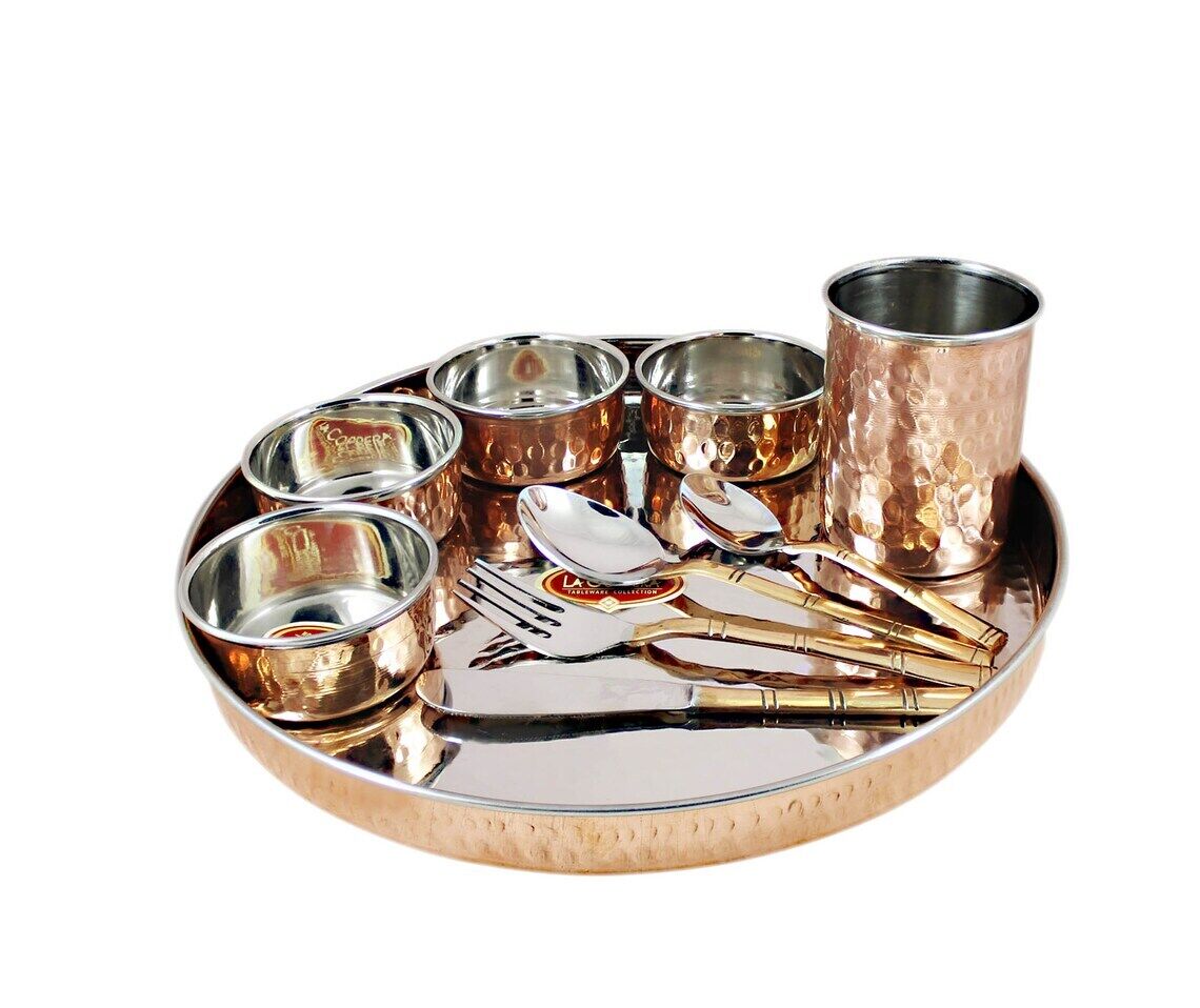 10 PCs Set Indian Handmade Hammered Pure Copper Stainless Steel Dinnerware Thali