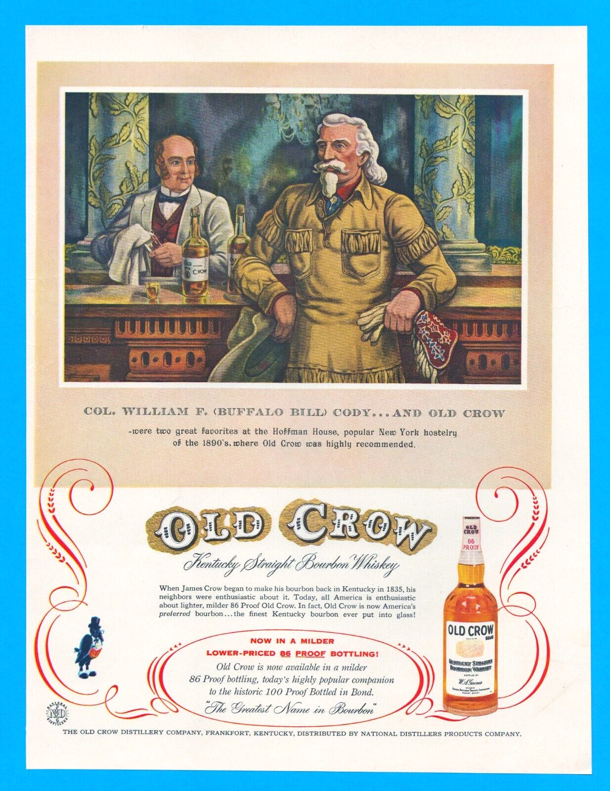 1957 Western Buffalo Bill Cody Kentucky bourbon ART PRINT AD liquor saloon bar