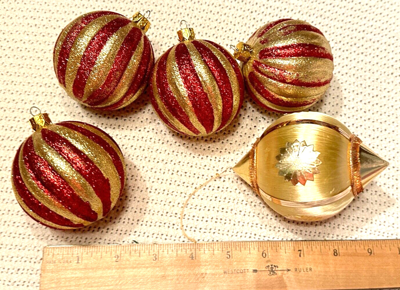 Vintage Set Christmas 4 Hand Decorated Red Gold Glitter Ornament Balls & 1 Satin