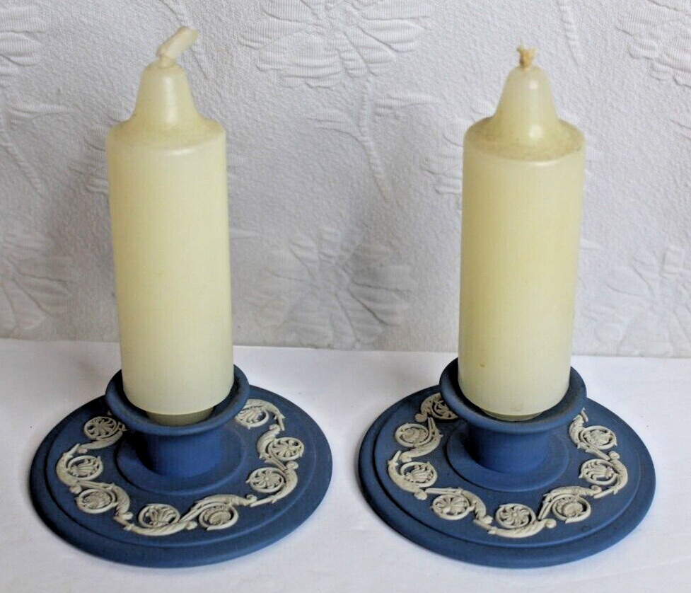 Pair Vintage Made in England Wedgwood Blue Jasper Ware Candle Holders