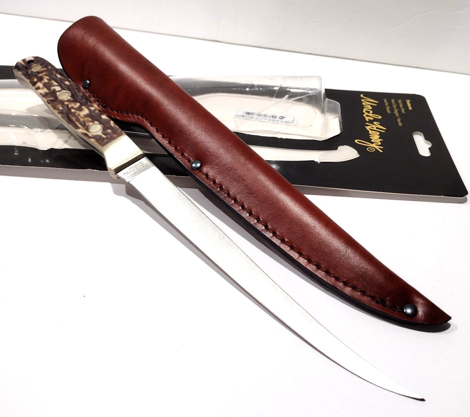 Schrade Uncle Henry Steelhead Staglon Fish Fillet Knife + Brown Leather Sheath