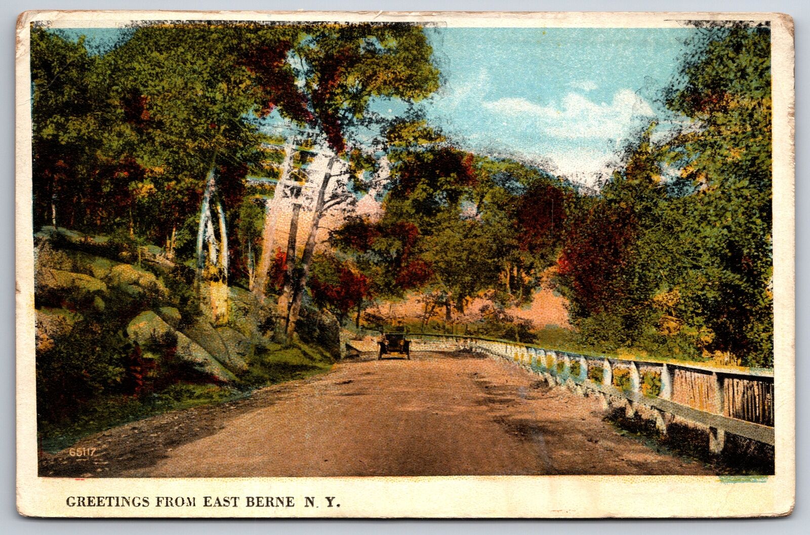 East Berne New York~Car On Forested Road Greeting~Vintage Postcard