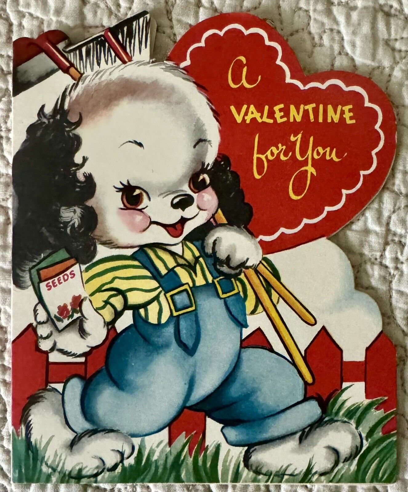 Vintage Valentine Dog Puppy Garden Seeds Rake Die Cut Greeting Card 1950s 1952
