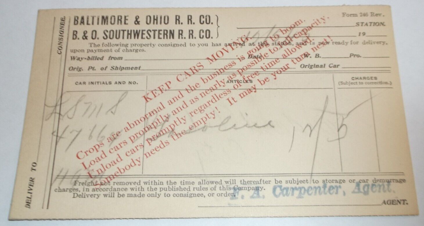 1913 B&O BALTIMORE & OHIO DELIVERY NOTICE STANDARD OIL POST CARD PARKERSBURG WV