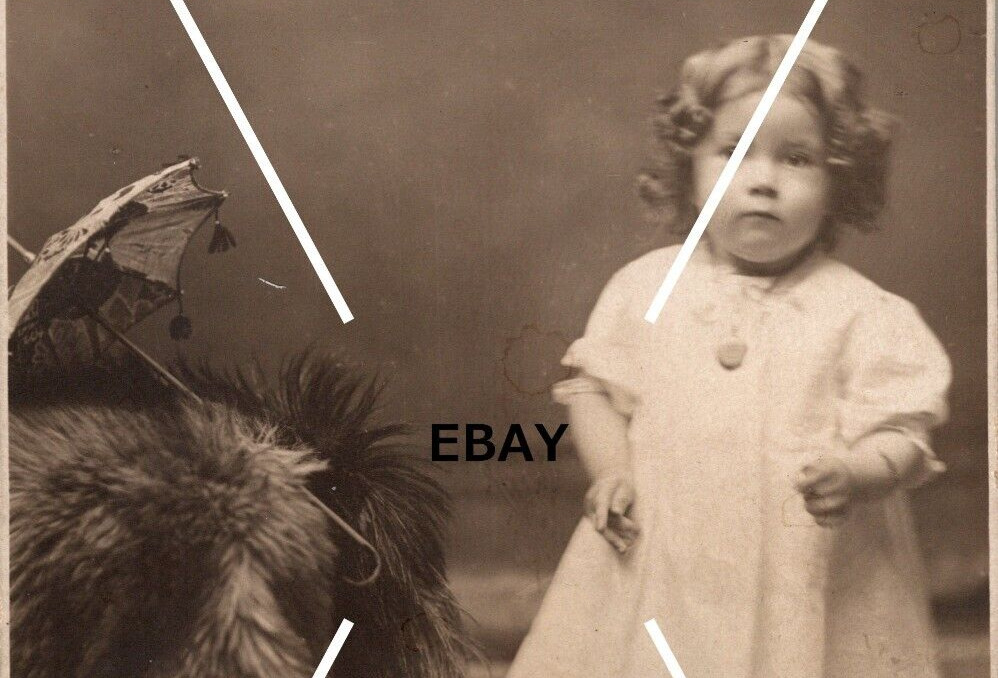 C 1904-1918 RPPC Postcard Cute Toddler Girl Fur Umbrella AZO