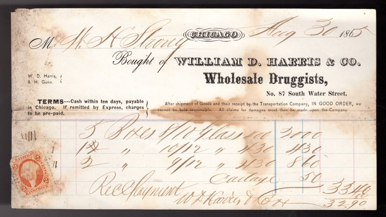 1865 Civil War Era William D Harris & Co Druggist Check US Inter. Rev. 2C Stamp