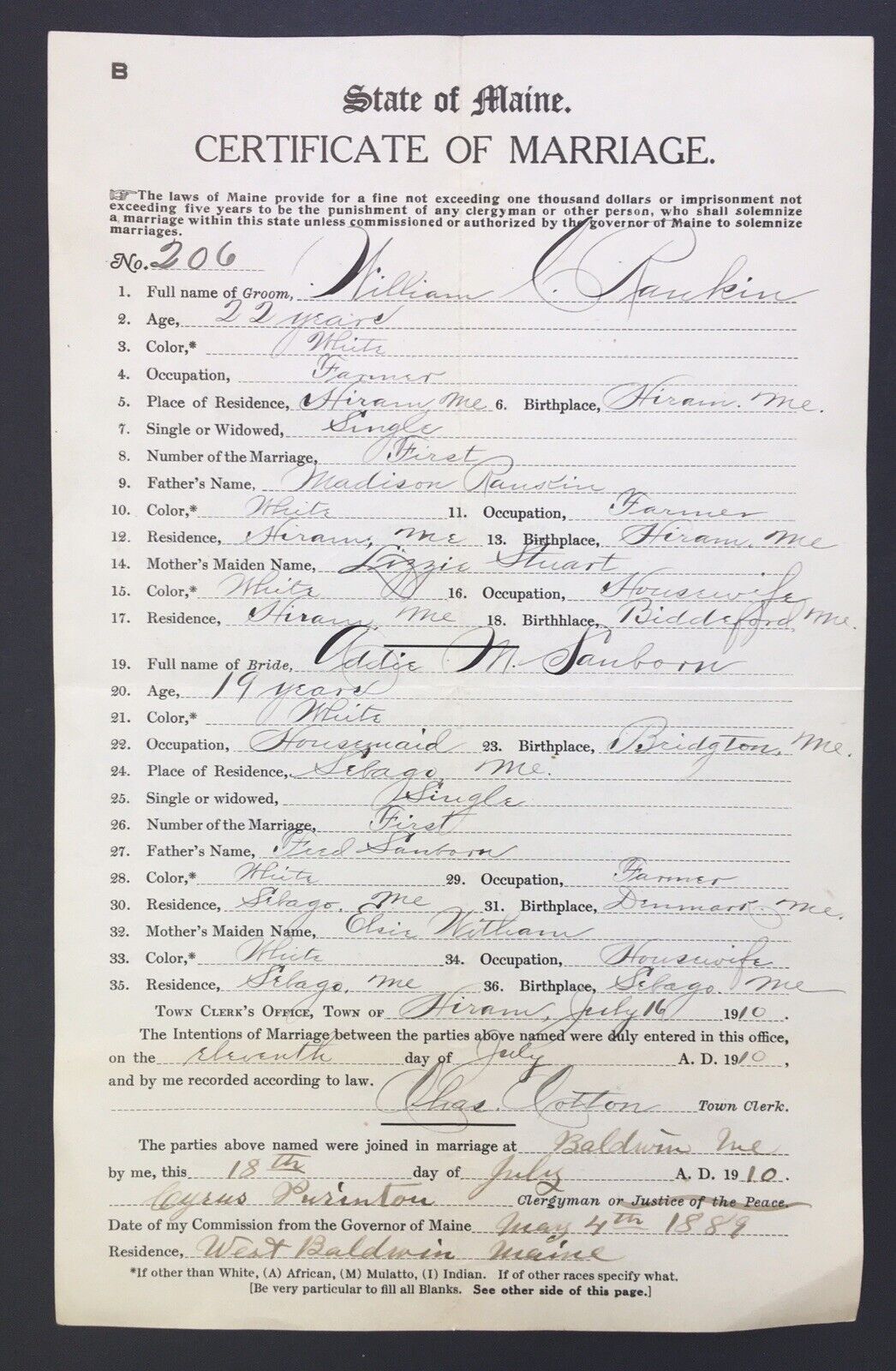 c.1910 State of Maine Certificate of Marriage Hiram, Maine Rankin Ephemera
