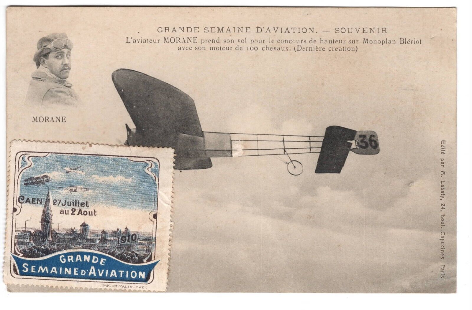 CPA Great Aviation Week Aviator MORANE, CAEN Stamp 1910_CPA11