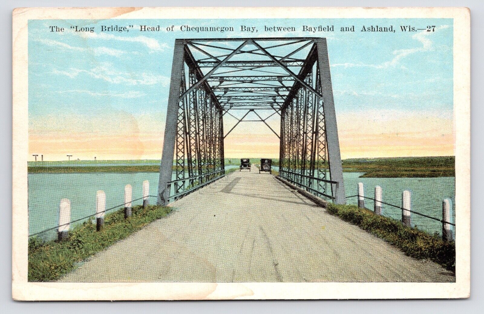 c1920s~Chequamegon Bay~Ashland & Bayfield~Long Bridge~Wisconsin WI~Vtg Postcard