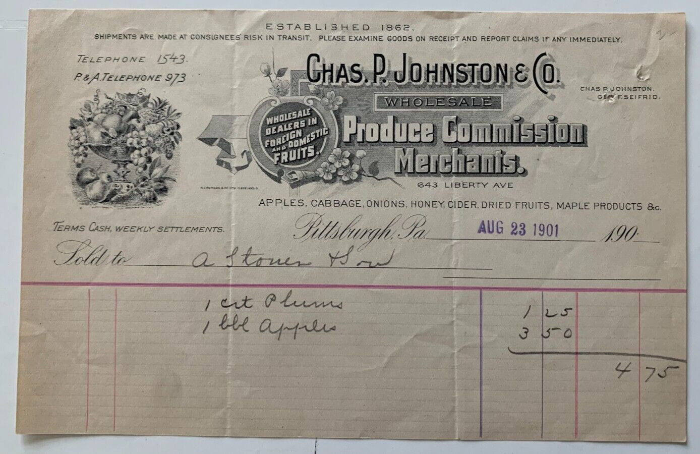 Vintage 1901 Pittsburgh PA Billhead Chas P Johnston Produce Merchants Liberty Av