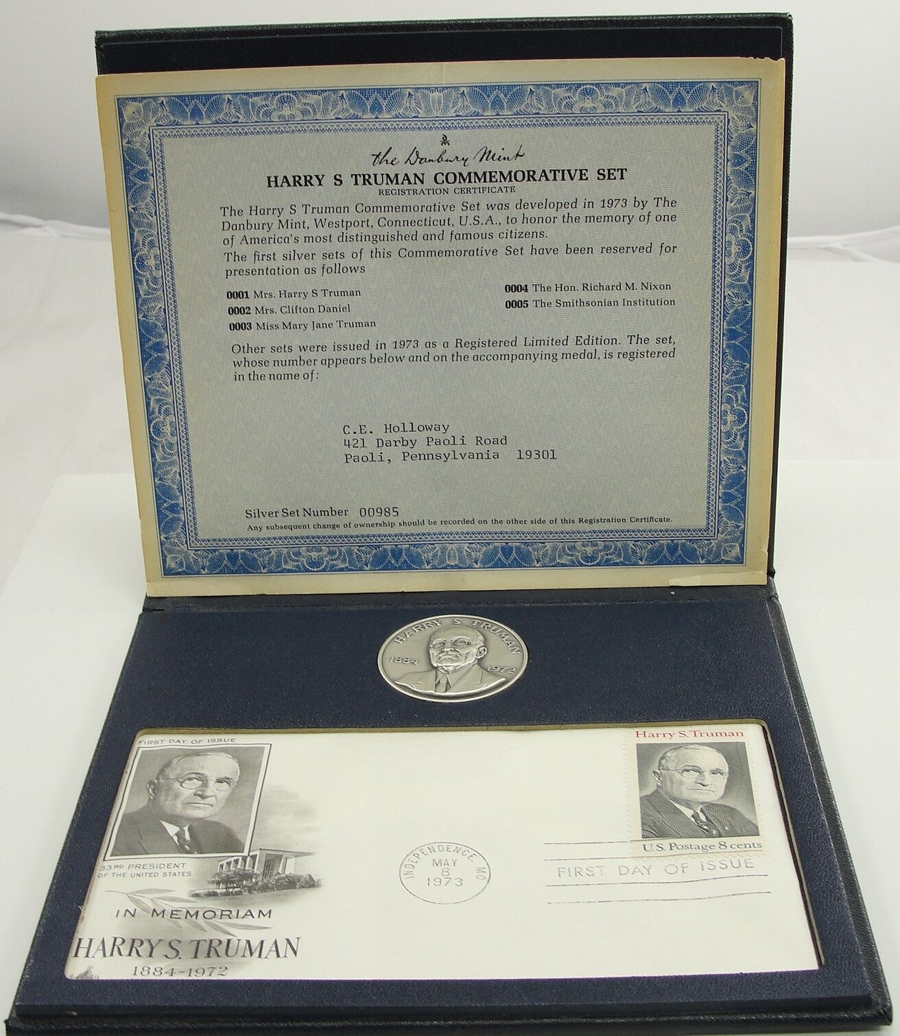 Danbury Mint Sterling Harry S. Truman 1973 Presidential Commorative Medal 1 1/2\