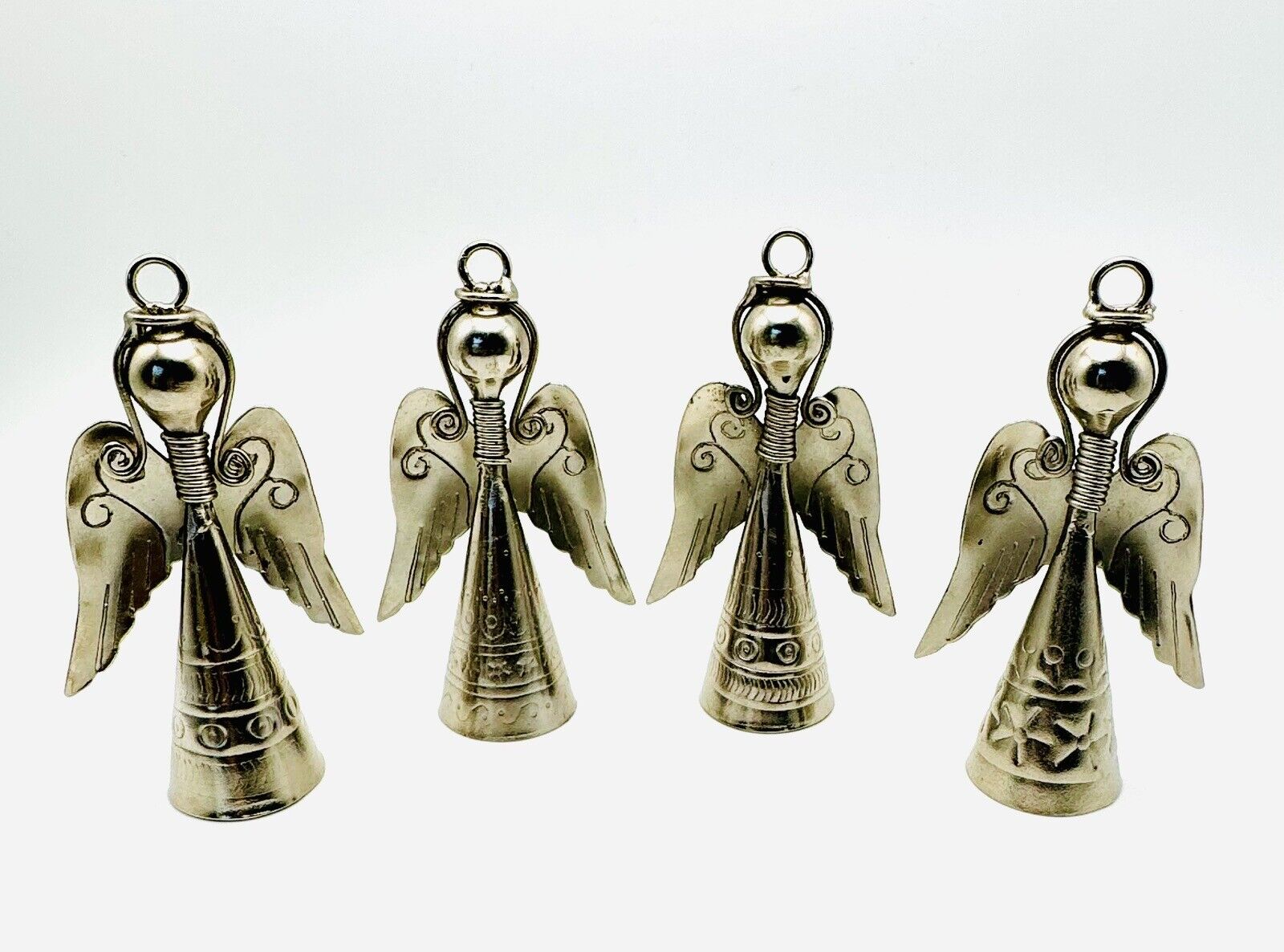 Lot of 4 Vintage Angel Bell Metal Etched Floral Ornaments 3.5\