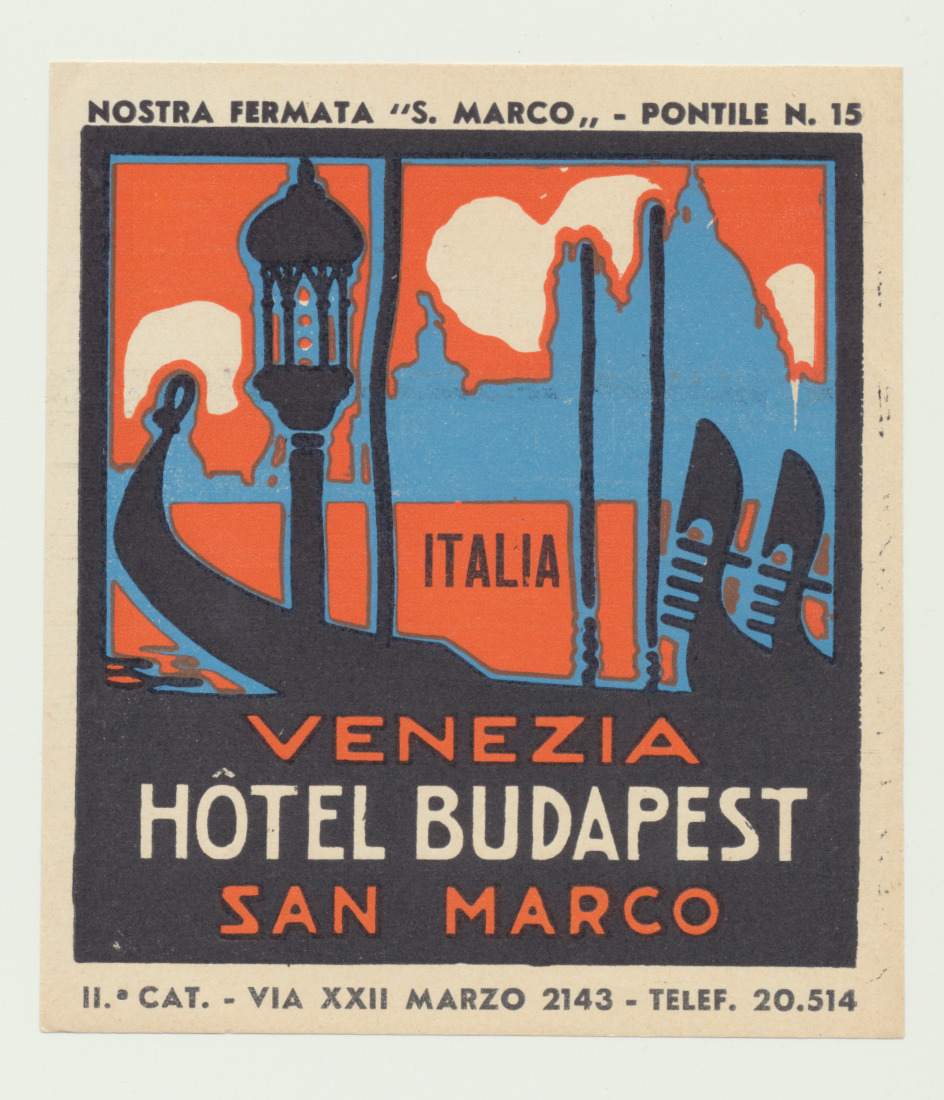 Vintage luggage label Hotel Budapest San Marco Venezia Italy 1930's