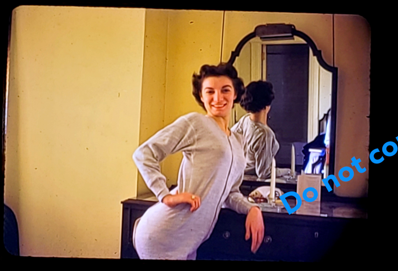 Vintage 1950s Original Slide Pretty Woman in Pajamas Mirror Pinup Snapshot Photo