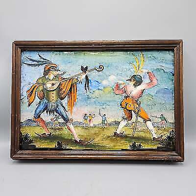 Antique Large Italian Hand Painted Ceramic Tile - In A Frame