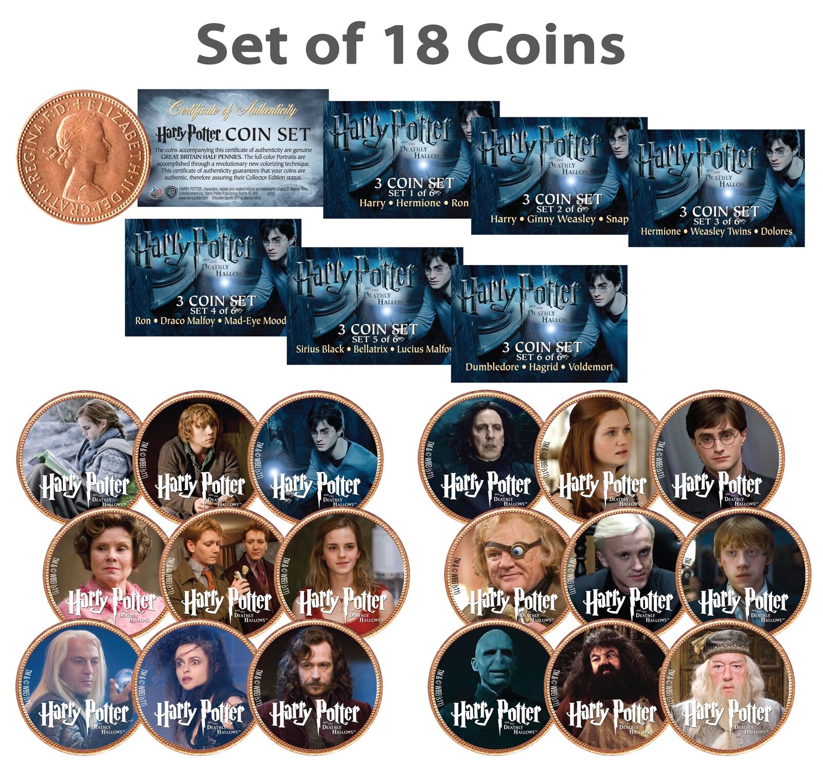 HARRY POTTER Deathly Hallows Colorized UK British Halfpenny ULTIMATE 18-Coin Set