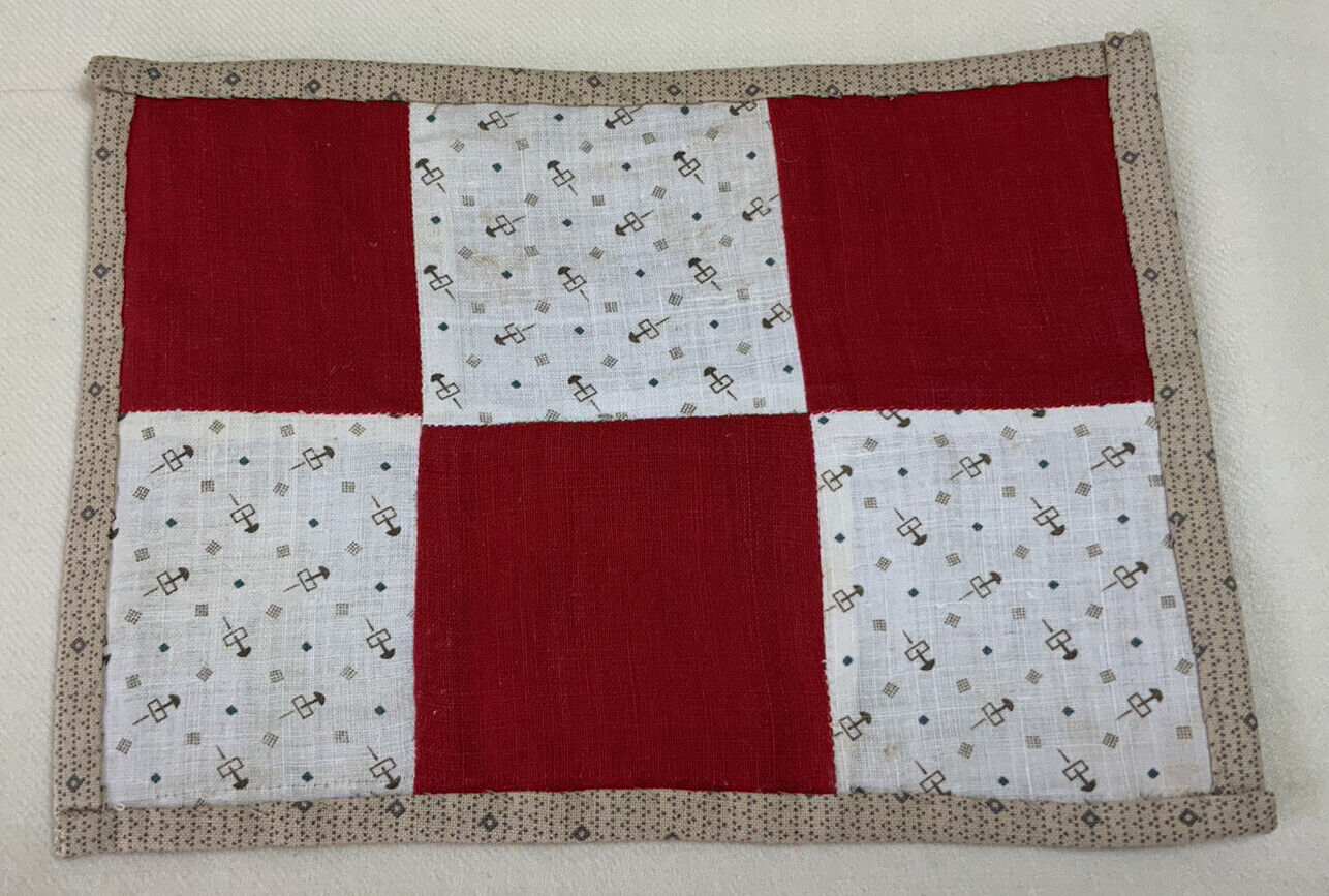 Vintage Patchwork Quilt Small Table Topper, Nine Patch, Early Calicos, Red