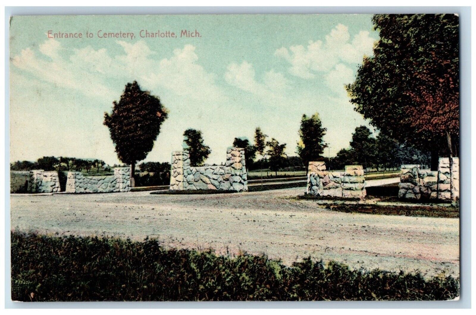 Charlotte Michigan Postcard Entrance Cemetery Trees 1910 Vintage Antique Posted