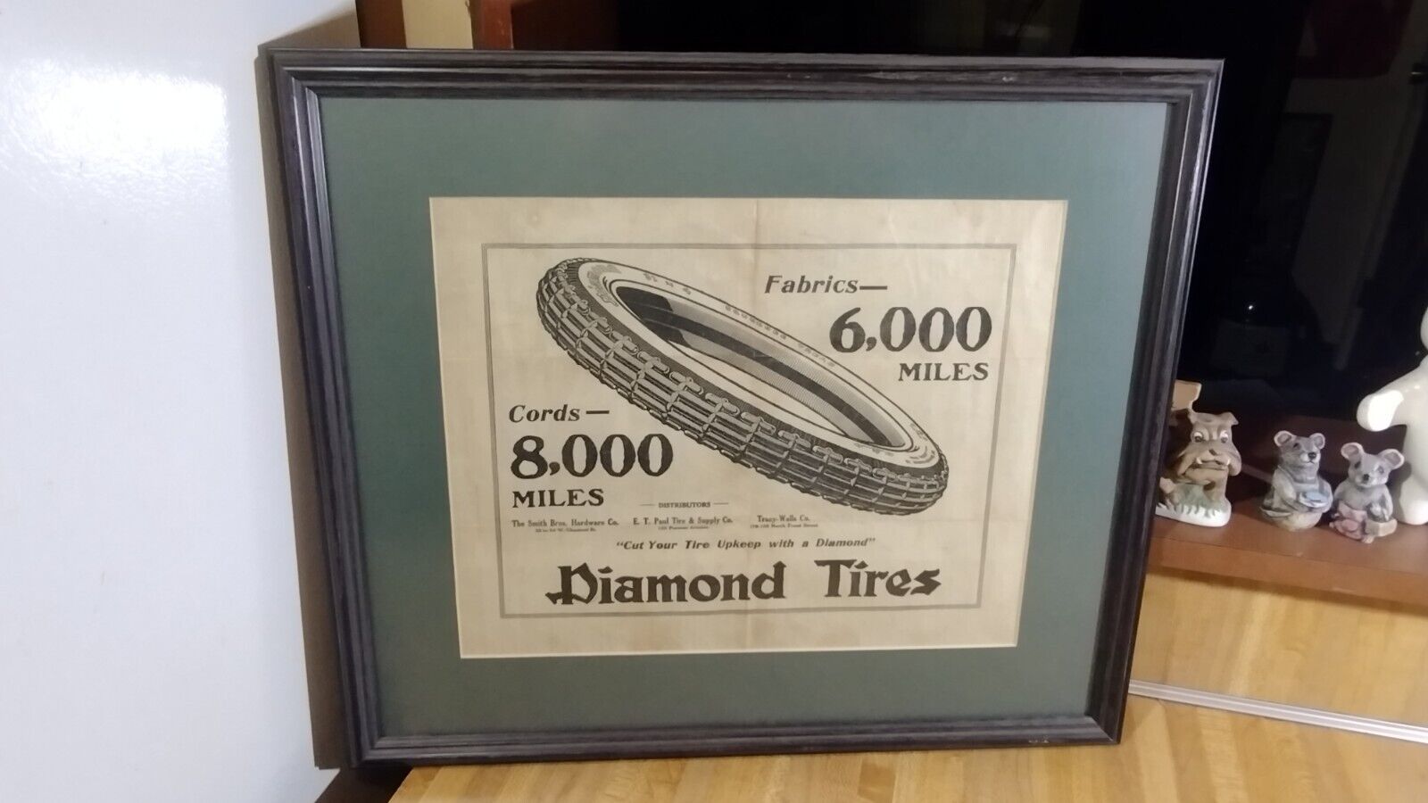 Diamond Tires Framed Ad,Fabrics-6,000 miles,Cords-8,000 miles