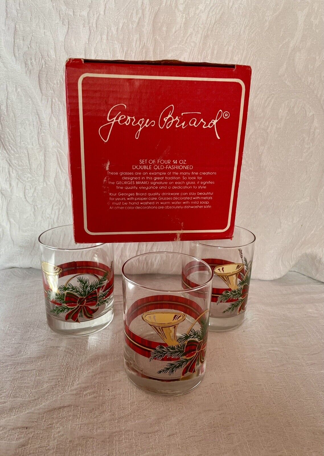 3 Georges Briard THE HUNT Christmas French Horn Double Old Fashioned Glasses NEW