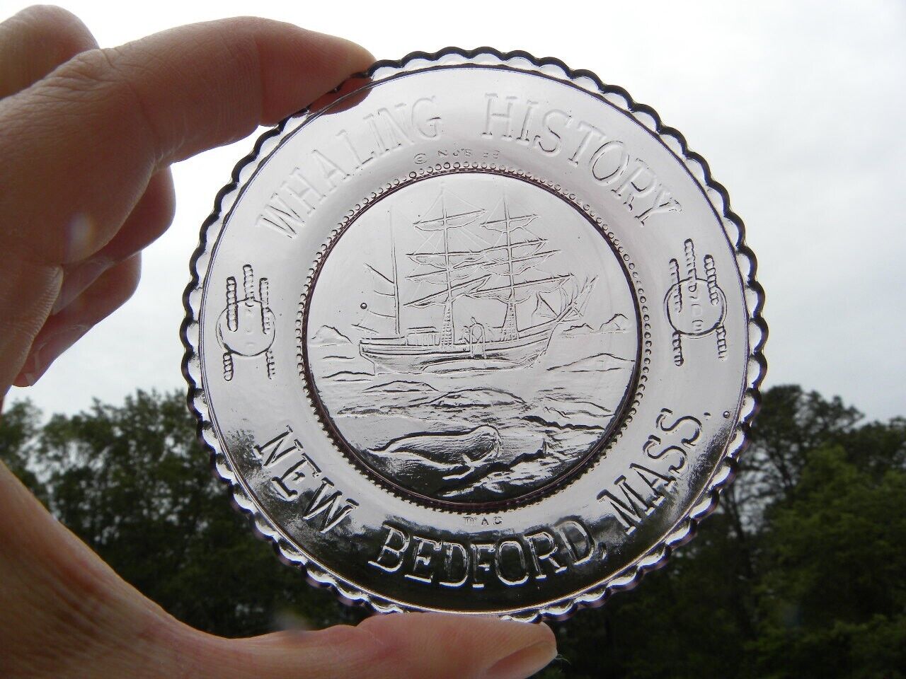 Millville Art Glass MAG Whaling History New Bedford MA Ship Purpl Glas Cup Plate