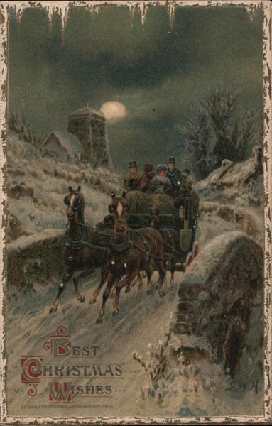 XMAS Family in Horse Drawn Carriage in Snow: Best Christmas Wishes Winsch