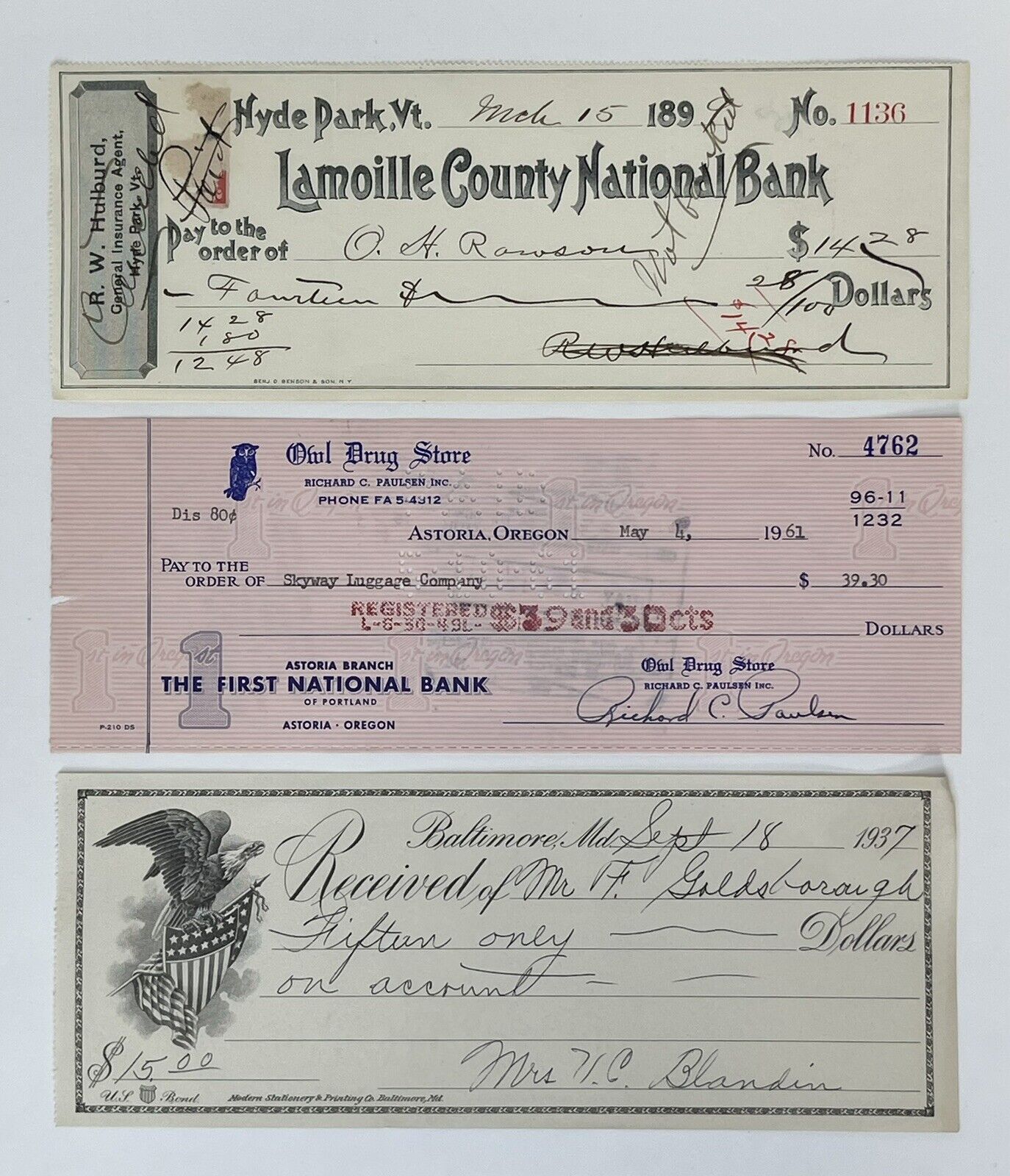 Lot of 3 Vintage/Antique Bank Drug Store Receipt Cancelled Checks Ephemera