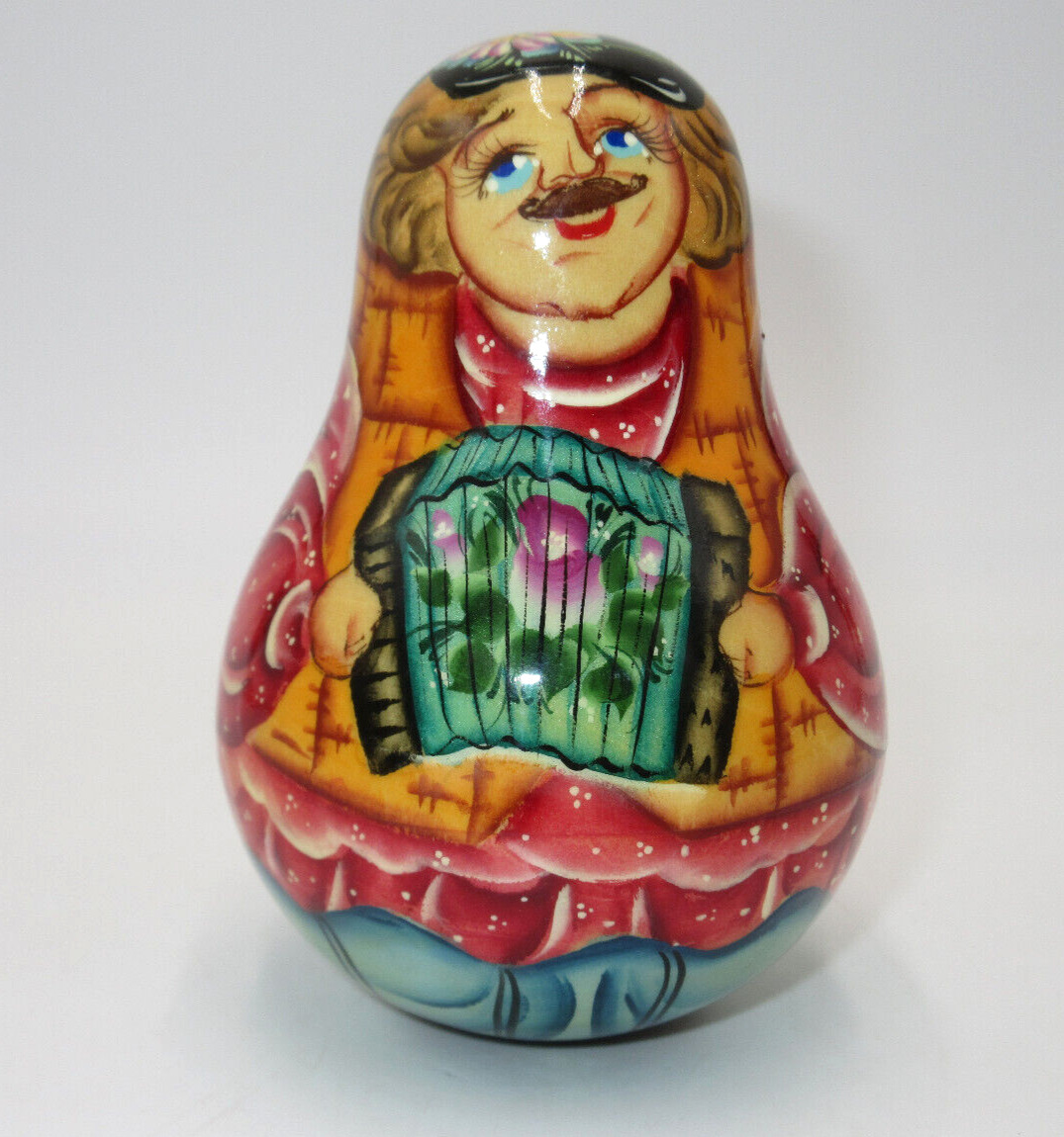 Vtg Russian Roly Poly Wobble Bell Chime Man Playing Accordian Lacquer wooden