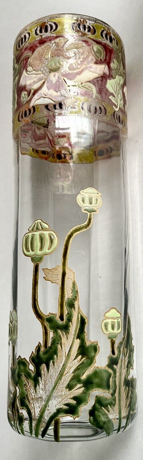 French Art  Nouveau Iris Glass Cylinder Vase Signed Legras Initials, Enamel