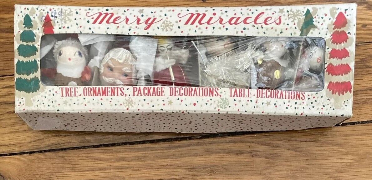 6~Vintage Ornament Merry Miracles Christmas Cotton Spun Angel Snowman Santa BOX