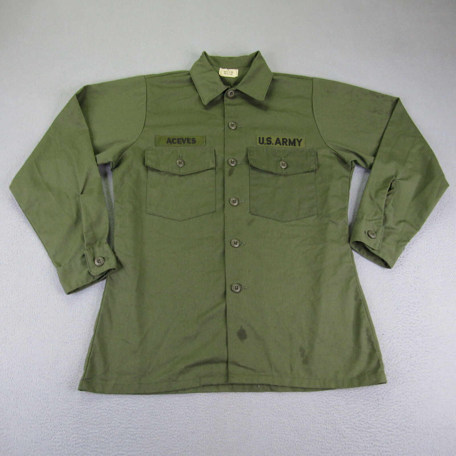 Vintage US Army Shirt Medium Utility Poly Cotton Durable Press OG-507 15.5 70s ^