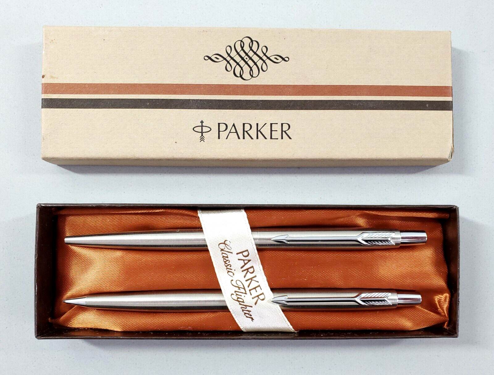 Vintage Parker Classic Flighter Stainless Steel Pen Pencil Set #7-526-3 in Box