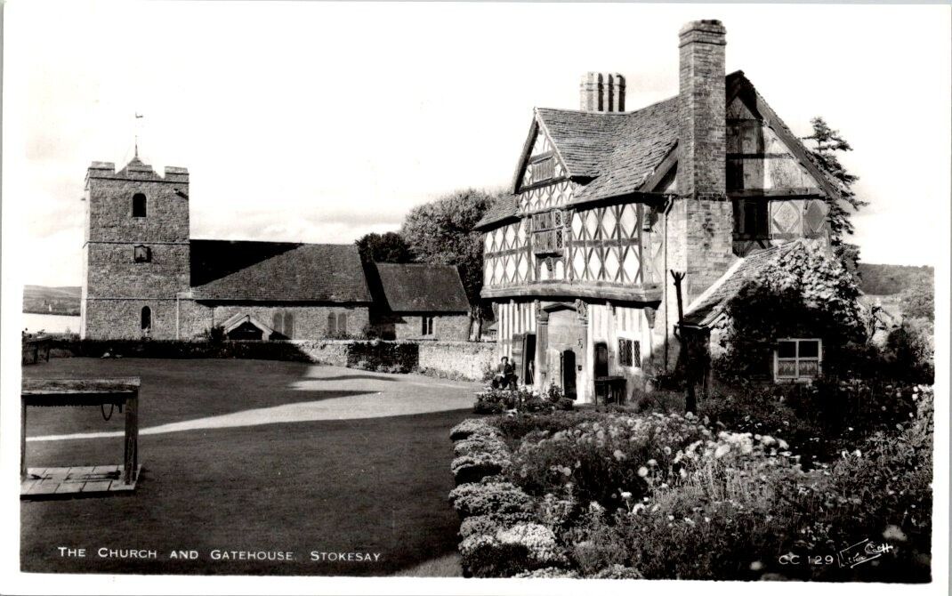 Vintage real photo postcard- THE CHURCH AND GATEHOUSE STOKESAY CASTLE unposted