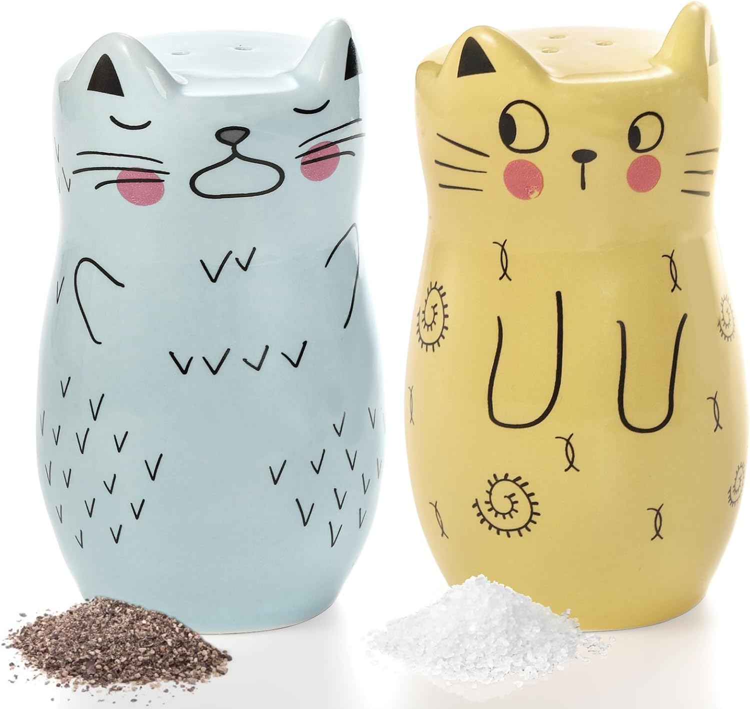Set of 2 Cat Salt and Pepper Shaker, Cute Ceramic Salt Shaker Novelty Small Seas