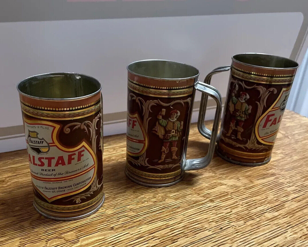 Vintage1930’s Falstaff Tin Beer Mug With Handle Set Includes 3