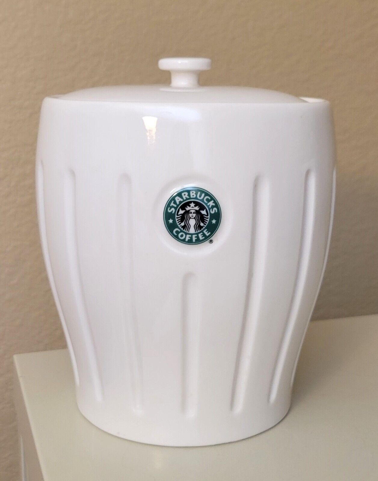 STARBUCKS Barista Logo 2003 Ribbed Coffee Canister Cookie Jar With Lid White