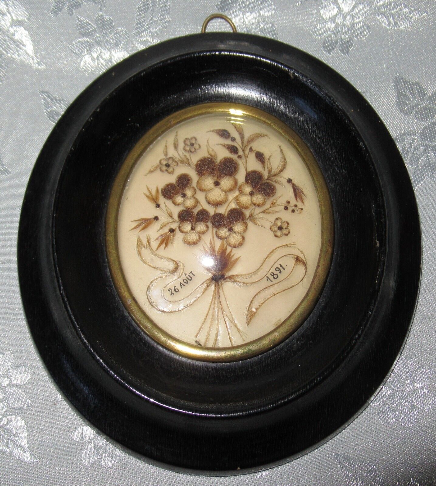 ANTIQUE FRENCH MOURNING HAIR ART CONVEX GLASS FRAME RELIQUARY DATED 26 AOUT 1891