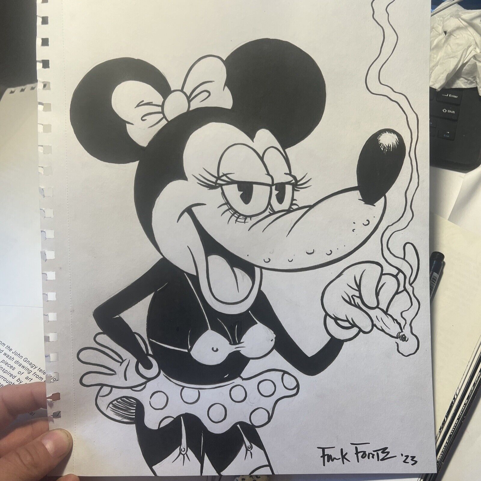 Minnie Mouse With Cigarette Pop Surrealism Original Art drawing By Frank Forte