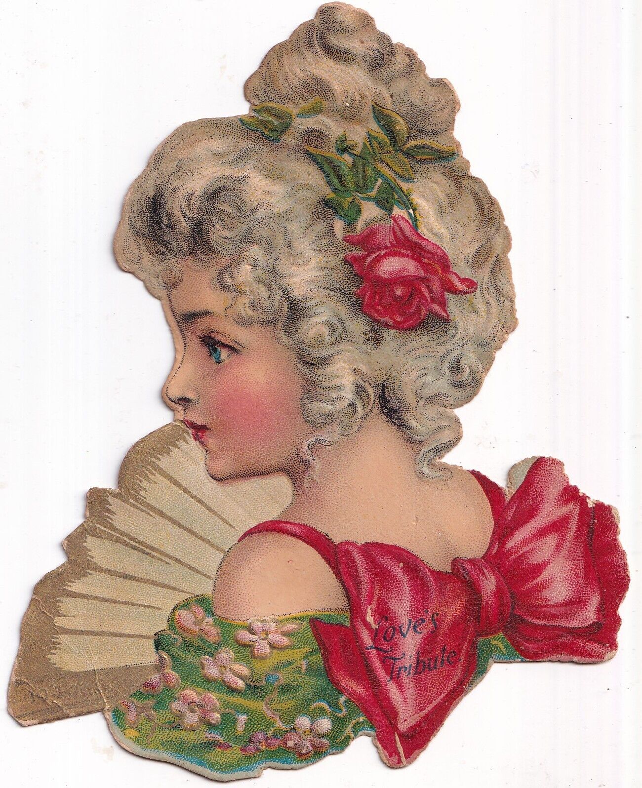 1800\'s Victorian Die Cut Scrap -Lovely Lady in Red w Fan Loves Tribute 5.25 in