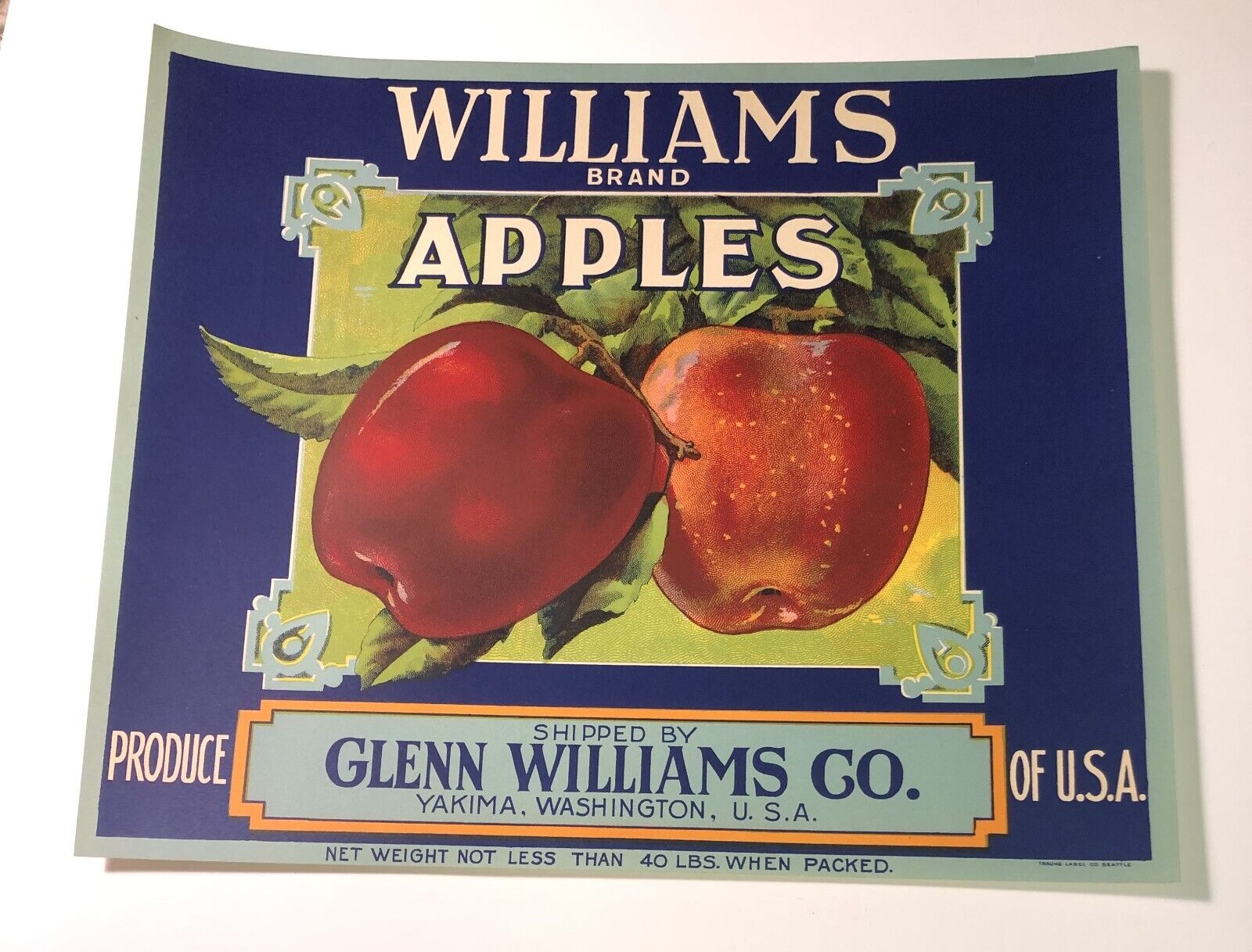 Williams Brand Apple Crate Label - Blue - Yakima - 1930\'s - Traung
