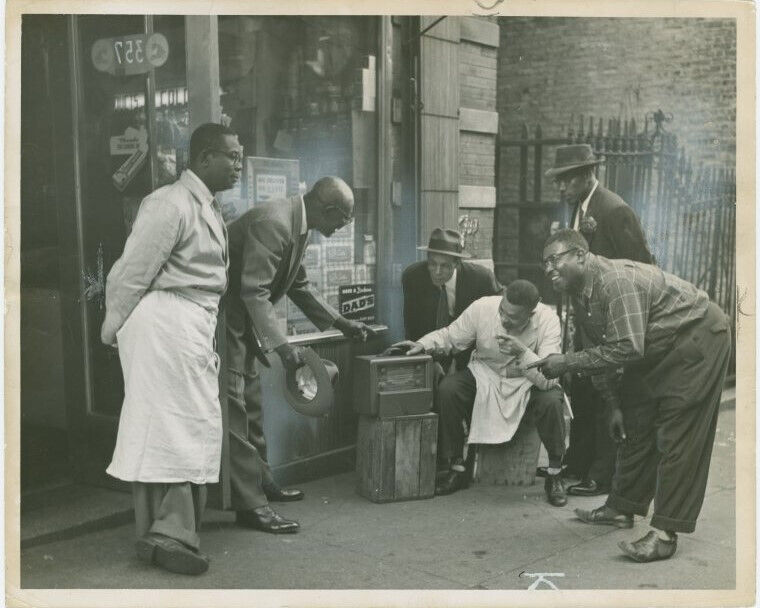 8X10 Photo, 1930's Harlem residents in front of shop listening to the radio. NYC